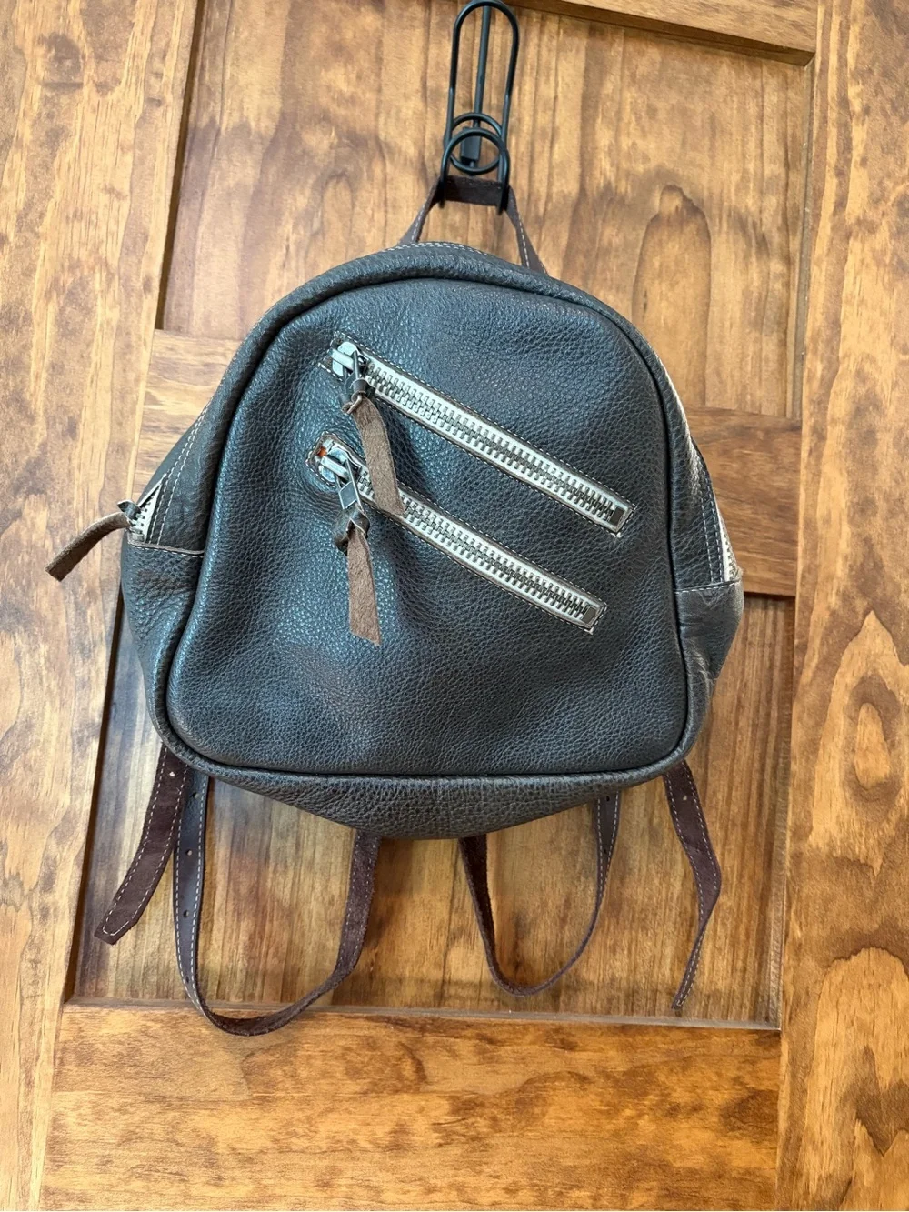 Compact Leather Backpack with Silver Zippers - Dark Brown